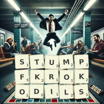 Kreative Illustration für ein Scrabble-Spiel, bei dem das Wort STUMPFKROKODILS mit Steinen auf dem Brett gelegt wurde.