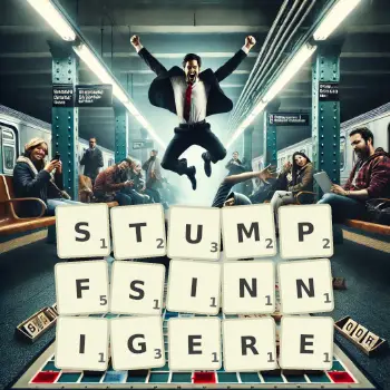 Kreative Illustration für ein Scrabble-Spiel, bei dem das Wort STUMPFSINNIGERE mit Steinen auf dem Brett gelegt wurde.