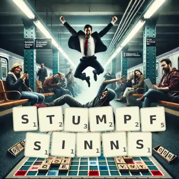 Kreative Illustration für ein Scrabble-Spiel, bei dem das Wort STUMPFSINNS mit Steinen auf dem Brett gelegt wurde.