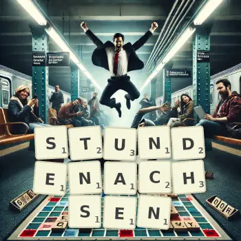 Kreative Illustration für ein Scrabble-Spiel, bei dem das Wort STUNDENACHSEN mit Steinen auf dem Brett gelegt wurde.