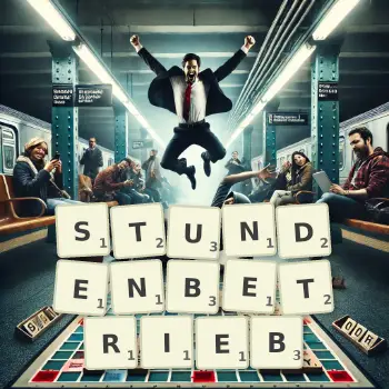 Kreative Illustration für ein Scrabble-Spiel, bei dem das Wort STUNDENBETRIEB mit Steinen auf dem Brett gelegt wurde.