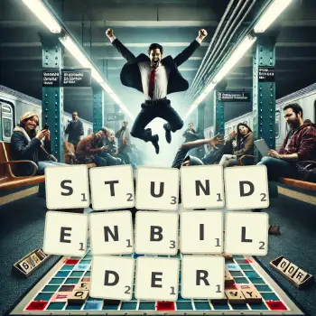 Kreative Illustration für ein Scrabble-Spiel, bei dem das Wort STUNDENBILDER mit Steinen auf dem Brett gelegt wurde.