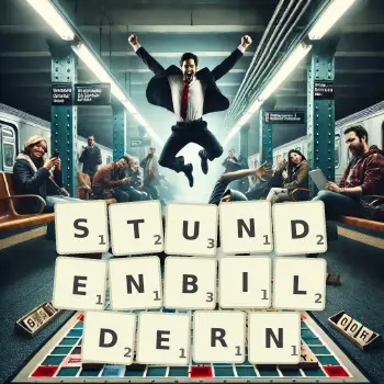 Kreative Illustration für ein Scrabble-Spiel, bei dem das Wort STUNDENBILDERN mit Steinen auf dem Brett gelegt wurde.