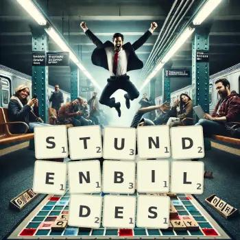 Kreative Illustration für ein Scrabble-Spiel, bei dem das Wort STUNDENBILDES mit Steinen auf dem Brett gelegt wurde.