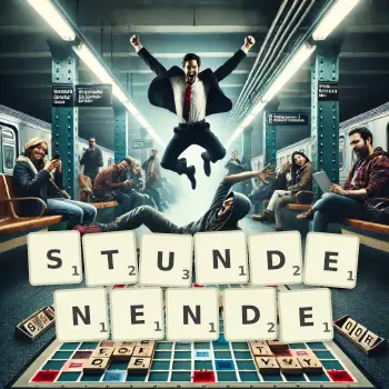Kreative Illustration für ein Scrabble-Spiel, bei dem das Wort STUNDENENDE mit Steinen auf dem Brett gelegt wurde.