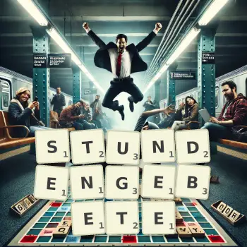 Kreative Illustration für ein Scrabble-Spiel, bei dem das Wort STUNDENGEBETE mit Steinen auf dem Brett gelegt wurde.