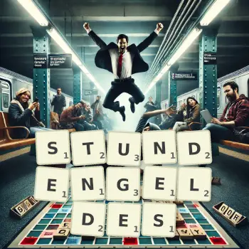 Kreative Illustration für ein Scrabble-Spiel, bei dem das Wort STUNDENGELDES mit Steinen auf dem Brett gelegt wurde.