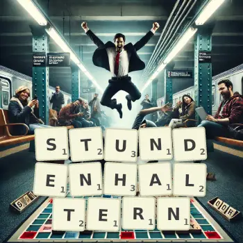 Kreative Illustration für ein Scrabble-Spiel, bei dem das Wort STUNDENHALTERN mit Steinen auf dem Brett gelegt wurde.