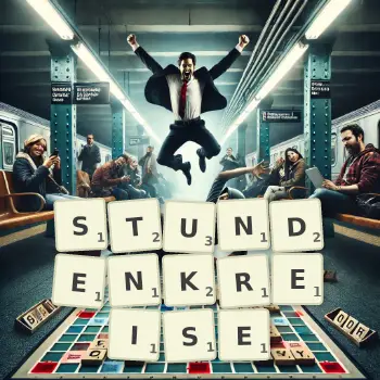 Kreative Illustration für ein Scrabble-Spiel, bei dem das Wort STUNDENKREISE mit Steinen auf dem Brett gelegt wurde.
