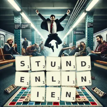 Kreative Illustration für ein Scrabble-Spiel, bei dem das Wort STUNDENLINIEN mit Steinen auf dem Brett gelegt wurde.