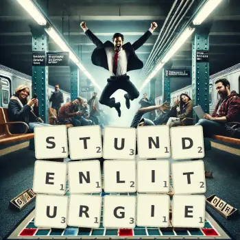 Kreative Illustration für ein Scrabble-Spiel, bei dem das Wort STUNDENLITURGIE mit Steinen auf dem Brett gelegt wurde.