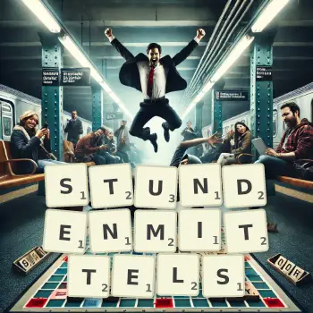 Kreative Illustration für ein Scrabble-Spiel, bei dem das Wort STUNDENMITTELS mit Steinen auf dem Brett gelegt wurde.