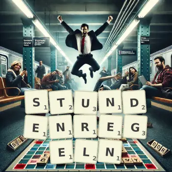 Kreative Illustration für ein Scrabble-Spiel, bei dem das Wort STUNDENREGELN mit Steinen auf dem Brett gelegt wurde.
