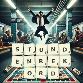 Kreative Illustration für ein Scrabble-Spiel, bei dem das Wort STUNDENREKORD mit Steinen auf dem Brett gelegt wurde.