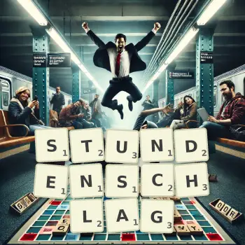 Kreative Illustration für ein Scrabble-Spiel, bei dem das Wort STUNDENSCHLAG mit Steinen auf dem Brett gelegt wurde.