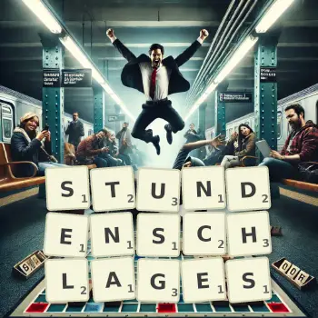 Kreative Illustration für ein Scrabble-Spiel, bei dem das Wort STUNDENSCHLAGES mit Steinen auf dem Brett gelegt wurde.