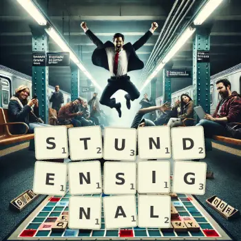 Kreative Illustration für ein Scrabble-Spiel, bei dem das Wort STUNDENSIGNAL mit Steinen auf dem Brett gelegt wurde.