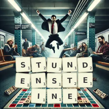Kreative Illustration für ein Scrabble-Spiel, bei dem das Wort STUNDENSTEINE mit Steinen auf dem Brett gelegt wurde.