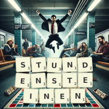 Kreative Illustration für ein Scrabble-Spiel, bei dem das Wort STUNDENSTEINEN mit Steinen auf dem Brett gelegt wurde.