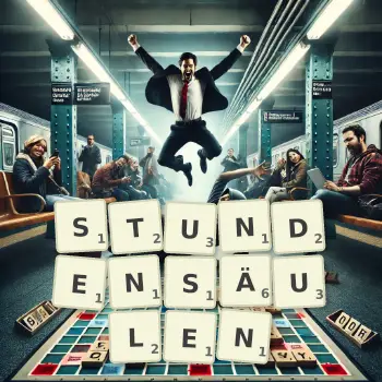 Kreative Illustration für ein Scrabble-Spiel, bei dem das Wort STUNDENSÄULEN mit Steinen auf dem Brett gelegt wurde.