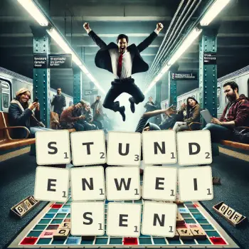 Kreative Illustration für ein Scrabble-Spiel, bei dem das Wort STUNDENWEISEN mit Steinen auf dem Brett gelegt wurde.