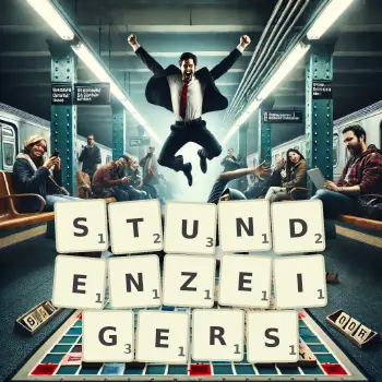 Kreative Illustration für ein Scrabble-Spiel, bei dem das Wort STUNDENZEIGERS mit Steinen auf dem Brett gelegt wurde.