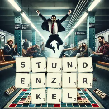 Kreative Illustration für ein Scrabble-Spiel, bei dem das Wort STUNDENZIRKEL mit Steinen auf dem Brett gelegt wurde.