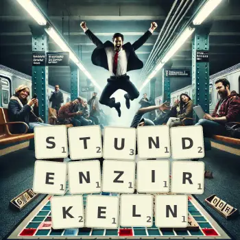 Kreative Illustration für ein Scrabble-Spiel, bei dem das Wort STUNDENZIRKELN mit Steinen auf dem Brett gelegt wurde.
