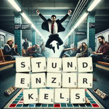 Kreative Illustration für ein Scrabble-Spiel, bei dem das Wort STUNDENZIRKELS mit Steinen auf dem Brett gelegt wurde.