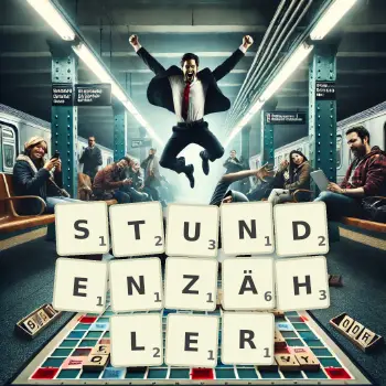 Kreative Illustration für ein Scrabble-Spiel, bei dem das Wort STUNDENZÄHLER mit Steinen auf dem Brett gelegt wurde.
