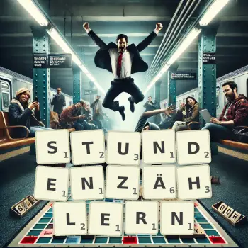 Kreative Illustration für ein Scrabble-Spiel, bei dem das Wort STUNDENZÄHLERN mit Steinen auf dem Brett gelegt wurde.