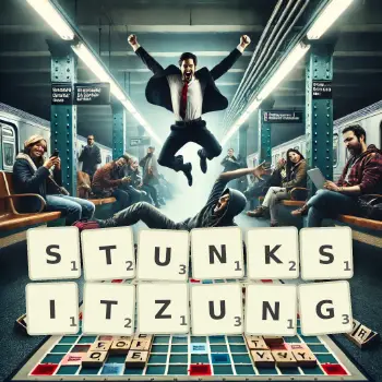 Kreative Illustration für ein Scrabble-Spiel, bei dem das Wort STUNKSITZUNG mit Steinen auf dem Brett gelegt wurde.