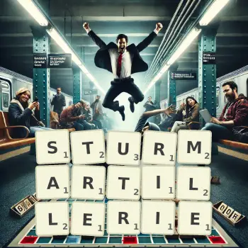 Kreative Illustration für ein Scrabble-Spiel, bei dem das Wort STURMARTILLERIE mit Steinen auf dem Brett gelegt wurde.