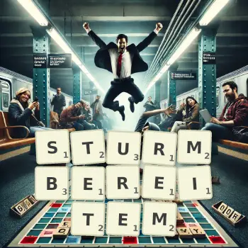 Kreative Illustration für ein Scrabble-Spiel, bei dem das Wort STURMBEREITEM mit Steinen auf dem Brett gelegt wurde.
