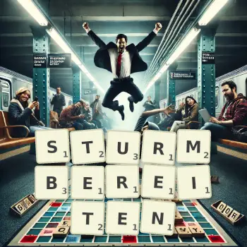 Kreative Illustration für ein Scrabble-Spiel, bei dem das Wort STURMBEREITEN mit Steinen auf dem Brett gelegt wurde.