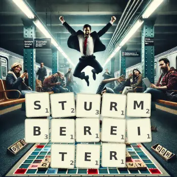 Kreative Illustration für ein Scrabble-Spiel, bei dem das Wort STURMBEREITER mit Steinen auf dem Brett gelegt wurde.