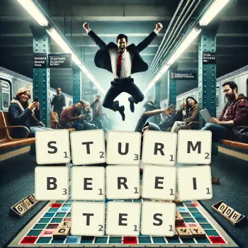 Kreative Illustration für ein Scrabble-Spiel, bei dem das Wort STURMBEREITES mit Steinen auf dem Brett gelegt wurde.