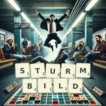 Kreative Illustration für ein Scrabble-Spiel, bei dem das Wort STURMBILD mit Steinen auf dem Brett gelegt wurde.