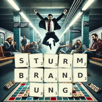 Kreative Illustration für ein Scrabble-Spiel, bei dem das Wort STURMBRANDUNG mit Steinen auf dem Brett gelegt wurde.