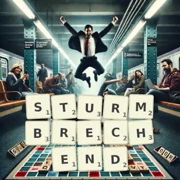 Kreative Illustration für ein Scrabble-Spiel, bei dem das Wort STURMBRECHEND mit Steinen auf dem Brett gelegt wurde.