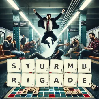 Kreative Illustration für ein Scrabble-Spiel, bei dem das Wort STURMBRIGADE mit Steinen auf dem Brett gelegt wurde.