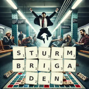 Kreative Illustration für ein Scrabble-Spiel, bei dem das Wort STURMBRIGADEN mit Steinen auf dem Brett gelegt wurde.