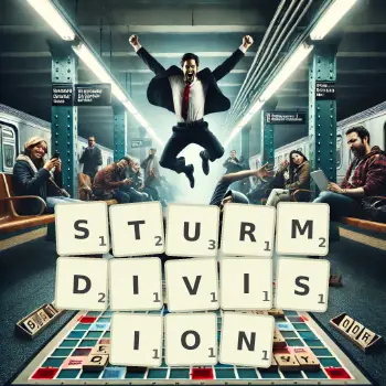 Kreative Illustration für ein Scrabble-Spiel, bei dem das Wort STURMDIVISION mit Steinen auf dem Brett gelegt wurde.