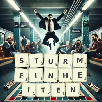 Kreative Illustration für ein Scrabble-Spiel, bei dem das Wort STURMEINHEITEN mit Steinen auf dem Brett gelegt wurde.