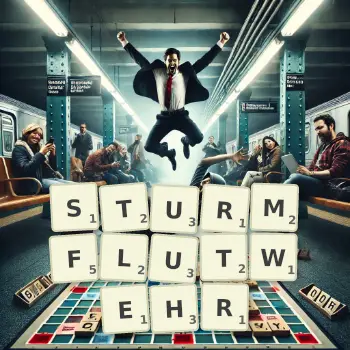 Kreative Illustration für ein Scrabble-Spiel, bei dem das Wort STURMFLUTWEHR mit Steinen auf dem Brett gelegt wurde.