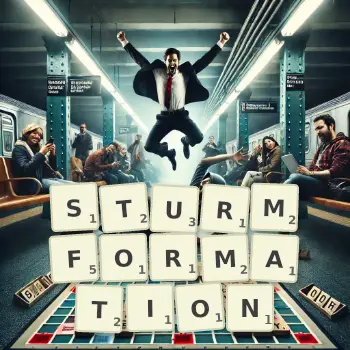 Kreative Illustration für ein Scrabble-Spiel, bei dem das Wort STURMFORMATION mit Steinen auf dem Brett gelegt wurde.