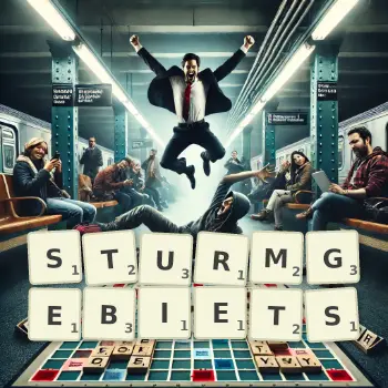 Kreative Illustration für ein Scrabble-Spiel, bei dem das Wort STURMGEBIETS mit Steinen auf dem Brett gelegt wurde.