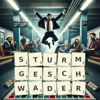 Kreative Illustration für ein Scrabble-Spiel, bei dem das Wort STURMGESCHWADER mit Steinen auf dem Brett gelegt wurde.