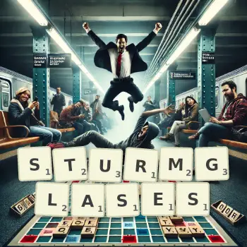 Kreative Illustration für ein Scrabble-Spiel, bei dem das Wort STURMGLASES mit Steinen auf dem Brett gelegt wurde.