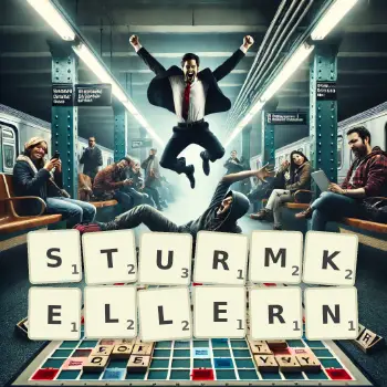 Kreative Illustration für ein Scrabble-Spiel, bei dem das Wort STURMKELLERN mit Steinen auf dem Brett gelegt wurde.